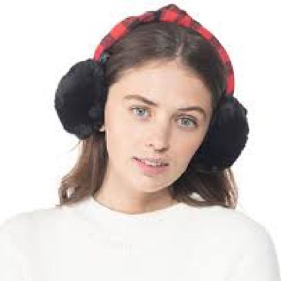NWT INC International Concepts Buffalo Check Top Knot Faux Fur Earmuffs - Picture 1 of 3